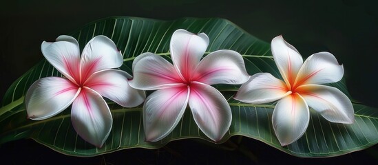 A cluster of white and pink Plumeria flowers rest on a lush green leaf, creating a beautiful contrast in colors and textures.