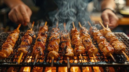 portrait The craftsman is grilling yakitori Japanese food skewers chicken delicius - obrazy, fototapety, plakaty