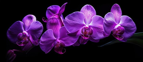 A group of striking purple orchids in full bloom against a dark black background, showcasing their...