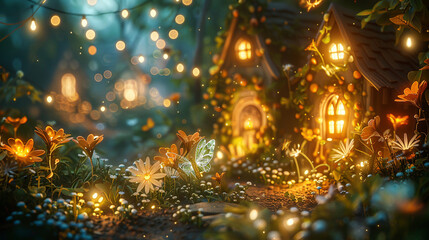 Fototapeta na wymiar A whimsical 3D render of tiny fairies and goblins clashing in a moonlit garden, using magic and natures tools as weapons