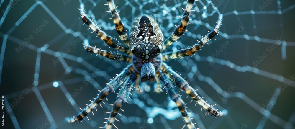 Poster a spider is seen up close on its intricate web, displaying its unique features and behavior.
