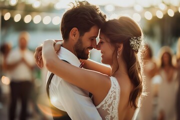 Bride and grooms happy dance gesture at wedding event. Generative AI