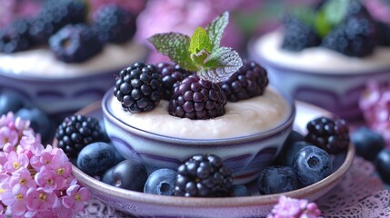 dessert di Vanilla panna cotta with black berries delicious - obrazy, fototapety, plakaty