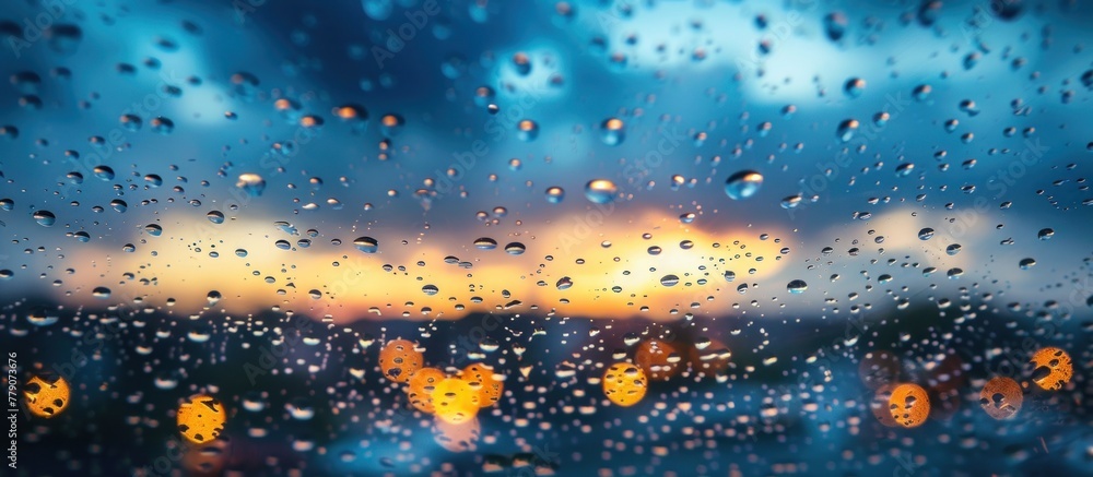 Poster close-up view of raindrops on a car window, reflecting light and distorting the view from inside the