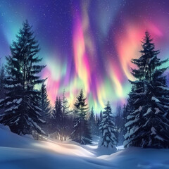 Spectacular display of the northern lights over a snowy pine forest, with vivid colors dancing in the sky, offering a onceinalifetime natural spectacle ,hyper realistic, low noise, low texture