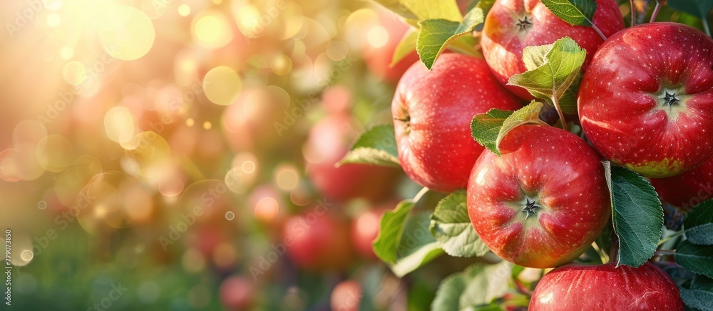 Poster ripe red apples dangle from the branches of a tree.