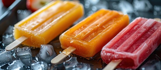 A detailed view of three colorful homemade popsicles placed on a wooden table.