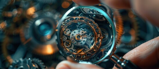 A persons hand holding a detailed mechanical watch, showcasing the intricate inner workings and craftsmanship of the timepiece. - obrazy, fototapety, plakaty