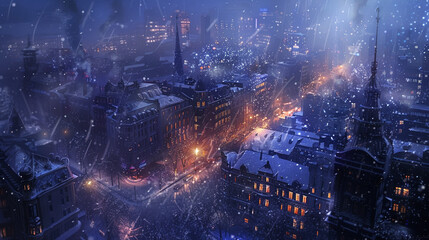 Snow-covered cityscape at night, with glowing streetlights and frosty building.