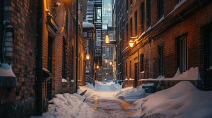 Snow-covered alley between old brick buildings, with vintage street lamps casting a warm glow.