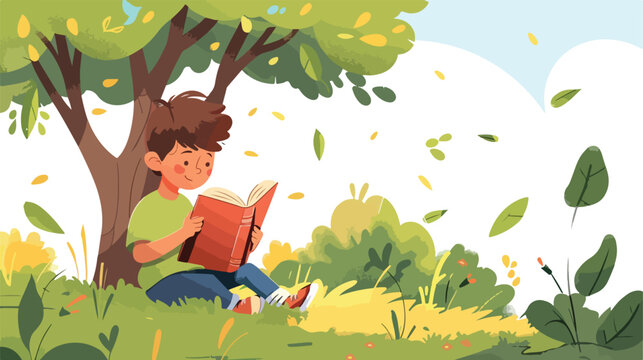 Young boy reading book under the trees vector illus
