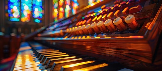 A detailed view of a piano keyboard positioned in front of a vibrant stained glass window, creating a striking contrast between the musical instrument and the colorful window.