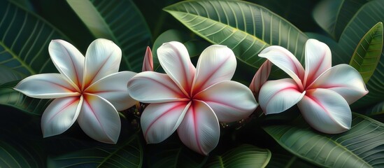 Three vibrant white and pink Plumeria flowers stand out against lush green leaves in a botanical setting.