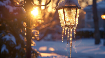 Icicles hanging from a streetlight, sparkling in the cold winter sunlight.