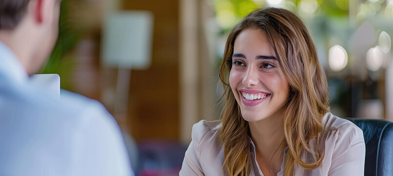 Smiling Female Manager Interviewing an Applicant In Office, Happy smiling young woman