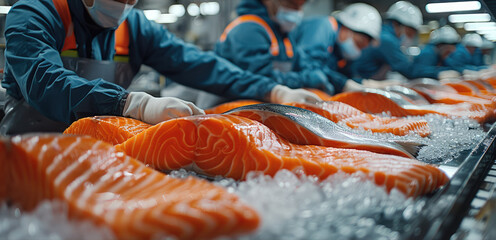 A group of workers in the fishing industry stood around a large table filled with giant salmon meat. They held up giant salmon to show their work met various quality control standards. Generative AI. - obrazy, fototapety, plakaty