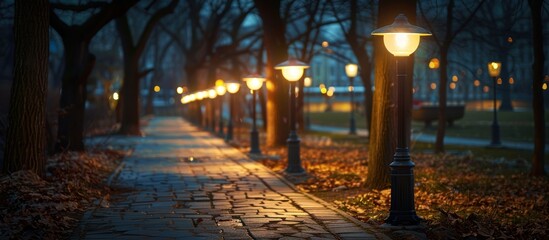 A row of solar-powered street lights illuminating a sidewalk in a park during the night.