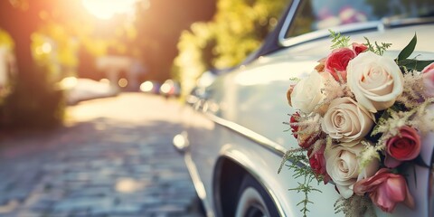 A vehicle decorated with flowers on its side for a wedding. Generative AI