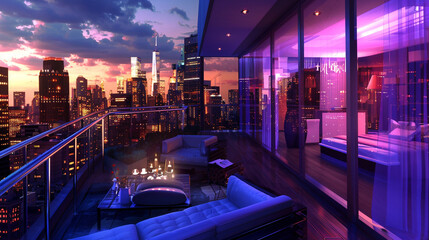 An opulent penthouse with a balcony overlooking the energetic cityscape at night.