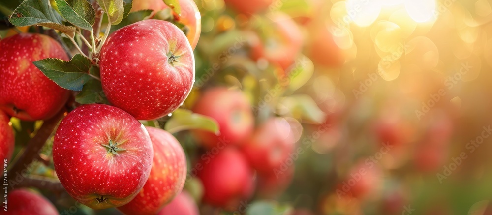 Poster a cluster of bright red apples dangle from the branches of a tree, ready for harvest.