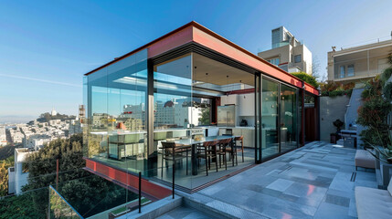 Fototapeta na wymiar An architecturally unique home with a glass-enclosed dining area facing a vibrant cityscape.