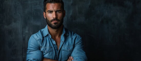 A serious Hispanic man with a beard, arms crossed, posing for a picture. - obrazy, fototapety, plakaty