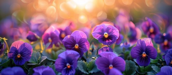 A field filled with purple pansy flowers under a bright sun in the background.