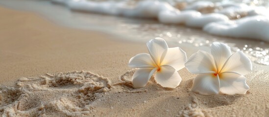 Fototapeta na wymiar Two elegant white plumeria flowers resting gracefully on a sandy beach.