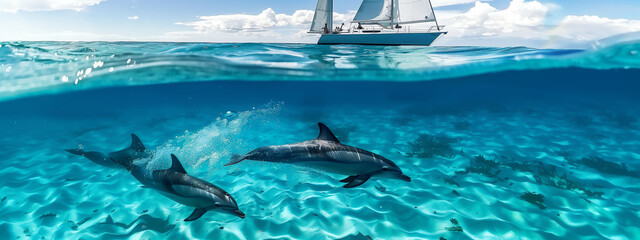 A sailing boat gliding through crystal-clear waters as dolphins playfully leap in the water - obrazy, fototapety, plakaty