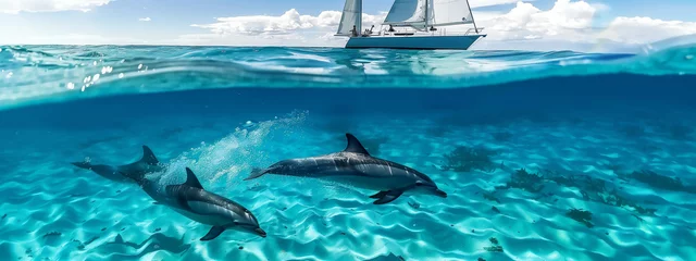 Fensteraufkleber A sailing boat gliding through crystal-clear waters as dolphins playfully leap in the water © Pink Badger