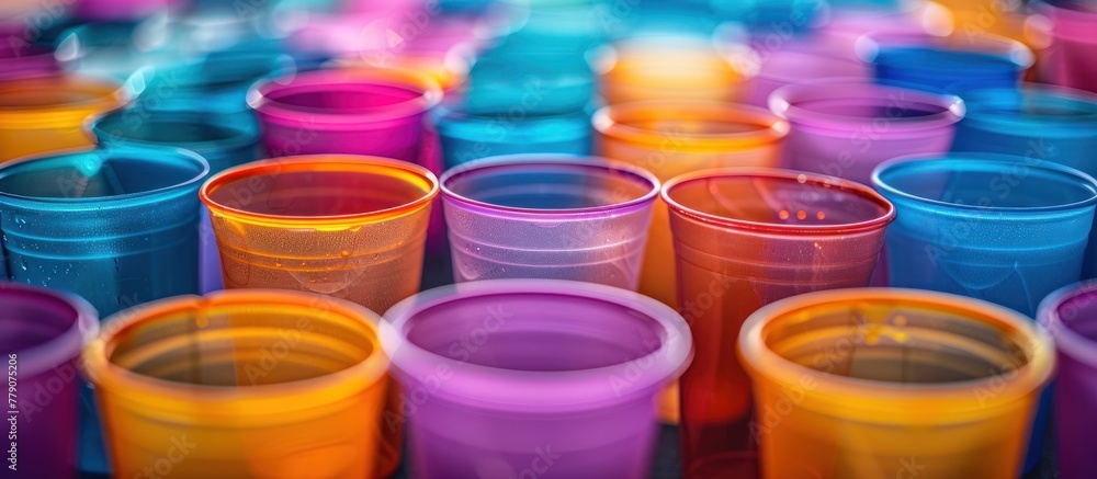Poster various plastic cups in different vibrant colors are neatly arranged next to each other in a group.