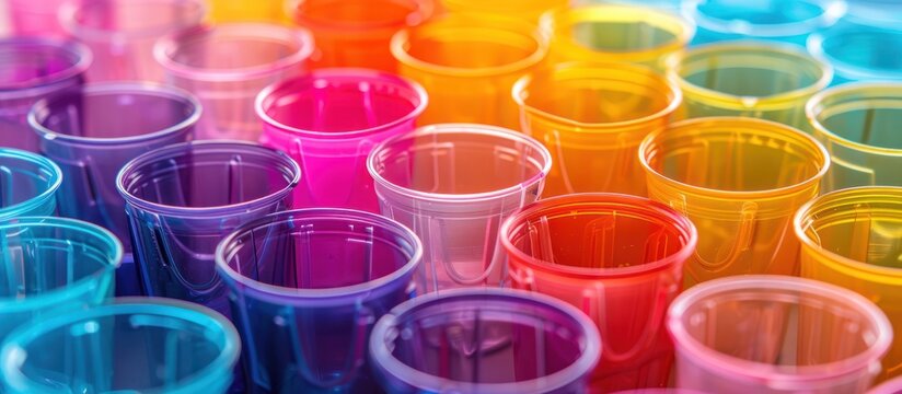 Various plastic cups of different colors stacked together in a close-up view.
