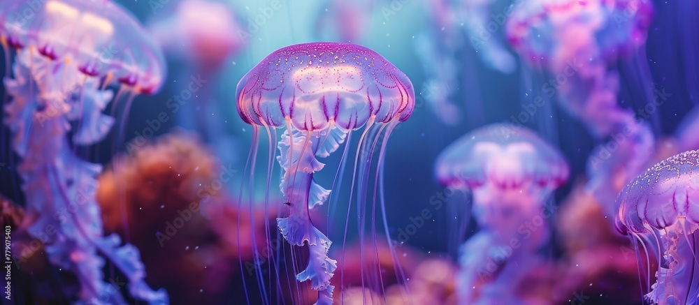 Poster a group of jellyfish gracefully float in the water, their translucent bodies glowing in the light. t