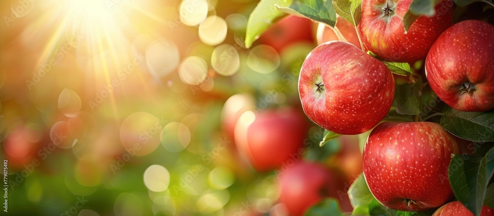 Poster many ripe red apples clustered together, hanging from branches of a tree on a sunny day.