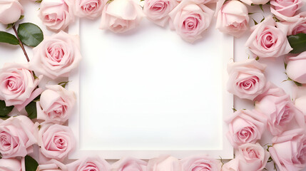 Frame with pink roses and empty card on white background. top view