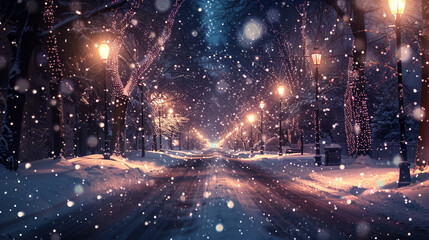 A snowy city street is empty as snowflakes slowly fall, leaving no trace of human footsteps in the snow. - obrazy, fototapety, plakaty