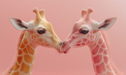 Giraffes in love, romantic love, pastel background. Baby giraffes hug and cuddle. Postcard for...