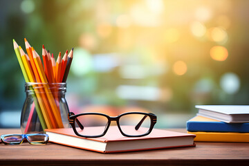 Pencils. glasses and book on the table. Education concept.