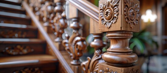 A detailed view of a wooden stair railing, showing the texture and design of the wood.