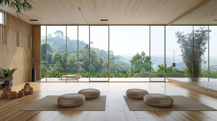 A serene yoga room with bamboo flooring, floor cushions, and a panoramic view of a tranquil...