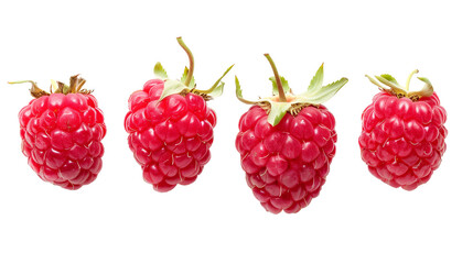 A few raspberries on a white background.