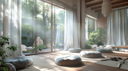 A serene meditation room with floor cushions, a zen garden, and soft natural light filtering through sheer curtains. - obrazy, fototapety, plakaty