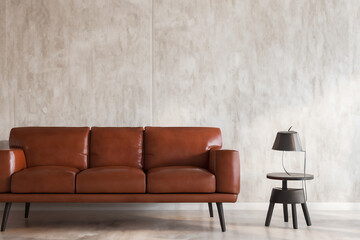 Living room. Living room with leather armchair on empty wall background. Interior of modern living room with black leather armchair and lamp. Modern living room with sofa and coffee table.
