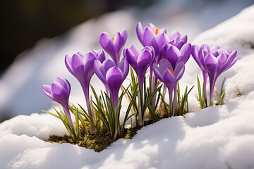 Purple crocuses growing through the snow in early spring 