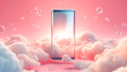 smartphone floating in fluffy white clouds against a soft pink sky, depicting connectivity and serene technology.