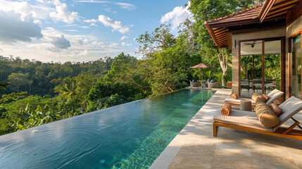 A posh villa overlooking a peaceful woodland from the poolside.