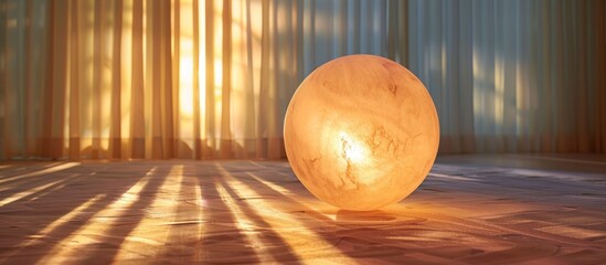 A large white ball is placed on top of a wooden floor in a brightly lit room.