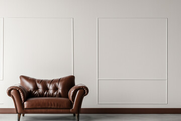 Living room. Living room with leather armchair on empty wall background. Interior of modern living...