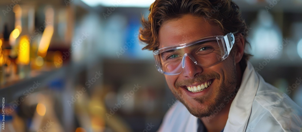 Poster a man in a lab coat and goggles smiling directly at the camera, embodying a scientist at work.