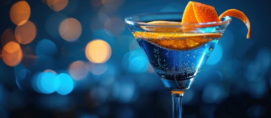 A blue martini cocktail with a vibrant orange slice placed on the rim of the glass.